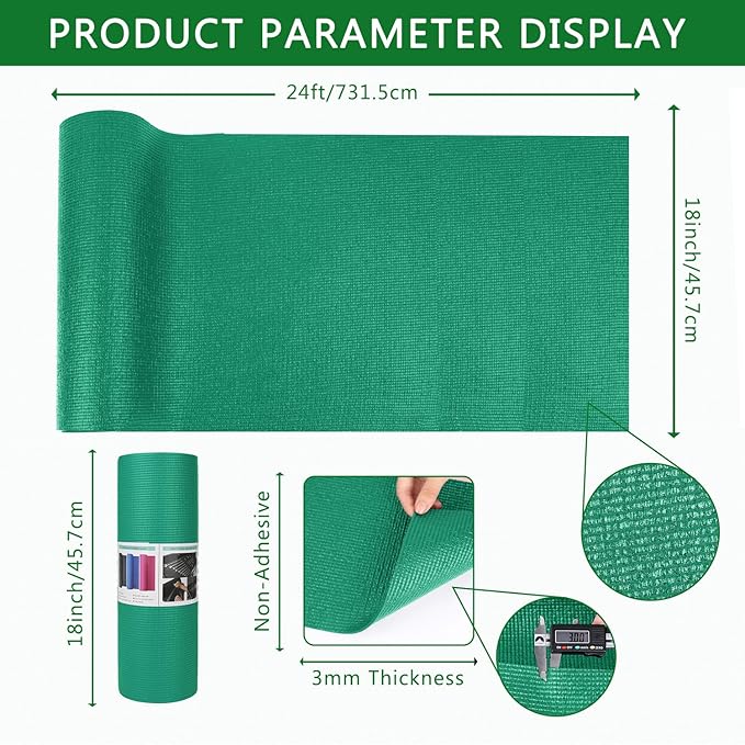 Foam Toolbox Liner Drawer Mat 1/8 Inch Thick X 18 Inch Wide X 24 Ft Long Green, No Slip for Protecting Cabinet, Garage, Cart, Tool Box