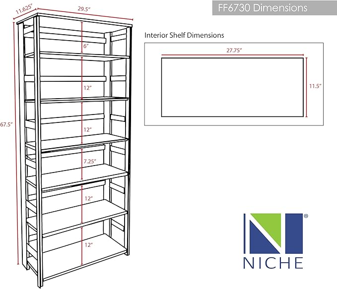 Niche Flip Flop 67 Inch Folding 6-Shelf Bookcase, No Tools Assembly, Sturdy Solid Wood, Easy Setup, Space-Saving Bookshelf for Home, Office, Dorm, Living Room, Bedroom, Mocha Walnut Finish