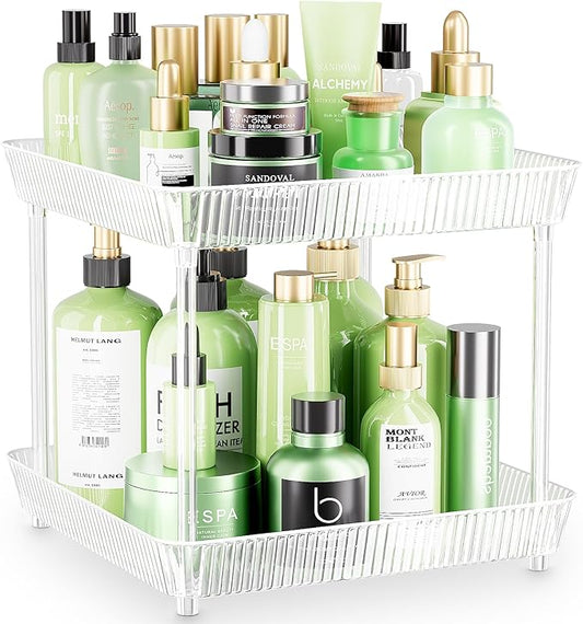 2 Tier Lazy Susan Bathroom Countertop Organizer, 360° Clear Rotating Square Storage Tray, Cosmetics and Perfume Organizer, Spinning Storage Tray Vanity Organizer Shelf for Bathroom Cabinet, Kitchen