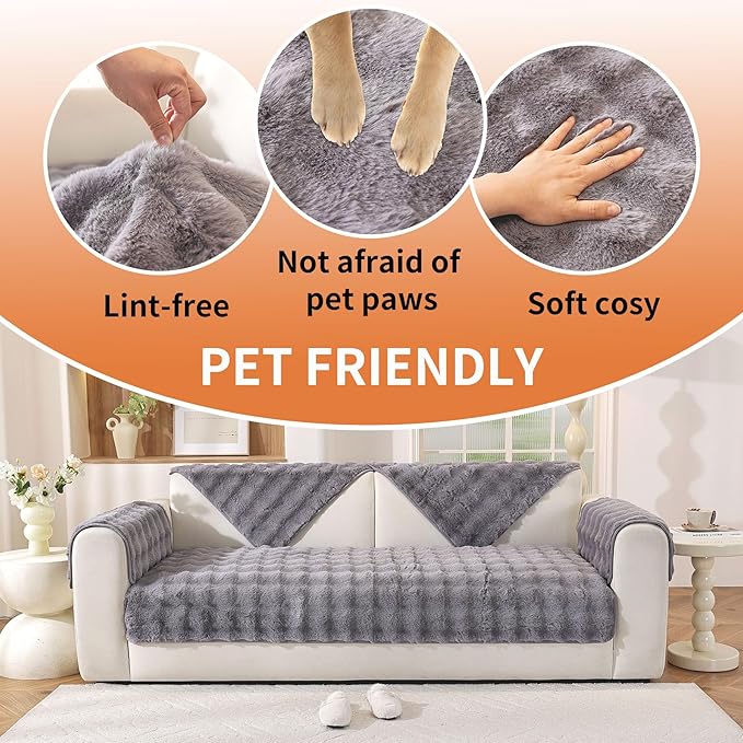 Non-Slip Couch Arm Covers,Thick Soft Recliner Arm Chair Covers Set of 2 Waterproof Armrest Covers for Sofa, Washable Faux Fur Sofa Arm Cover (Grey, 24" x 24" 2 Pack)