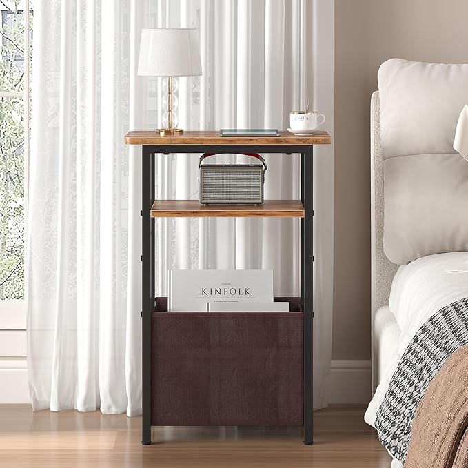 Narrow Side Table, Skinny End Tables with Fabric Basket, Small Side Tables for Small Space, 2-Tier Open Shelves with Basket, Slim Nightstands for Bedroom,Living Room,Office, Rustic Brown