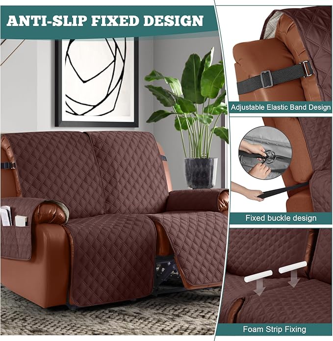 Ruaozz Waterproof Recliner Sofa Covers, 1-Piece Couch Covers for Reclining Couches Reclining Couch Cover Washable Furniture Protector with Elastic Straps Pocket for Kids Pets (Coffee, 2 Seater)