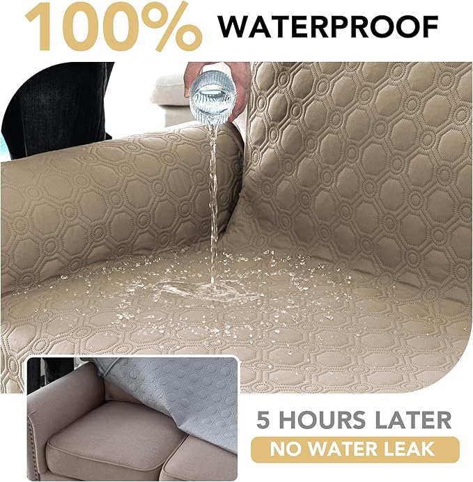 H.VERSAILTEX 100% Waterproof Couch Cover for Dogs Washable Triple Non-Slip 2 Cushion Loveseat Slipcover Thick Durable Sofa Protector with Storage Pocket (Loveseat, Taupe)