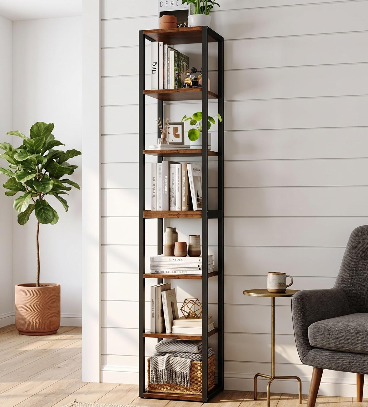 DreamDashio 6-Tier Corner Shelf, 71 Inch Tall Narrow Bookshelf - Image 1