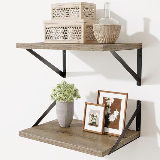 Deep Floating Shelves,16" Wx10 D Floating Shelves for Wall Set of 2,Heavy Duty Wood Floating Shelf with Metal Bracket,Wall Mounted Hanging Shelf for Living Room Bedroom Bathroom Kitchen,Grey
