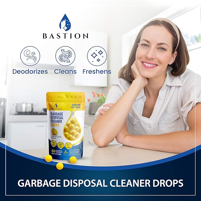 Garbage Disposal Cleaner & Deodorizer Bundle. 1 X 50 Count Pack of Bastion Disposer Balls + 1 X 24-Count Box of Enzyme Enhanced Deep-Cleaning Foaming Disposal Scrubbing Packets.