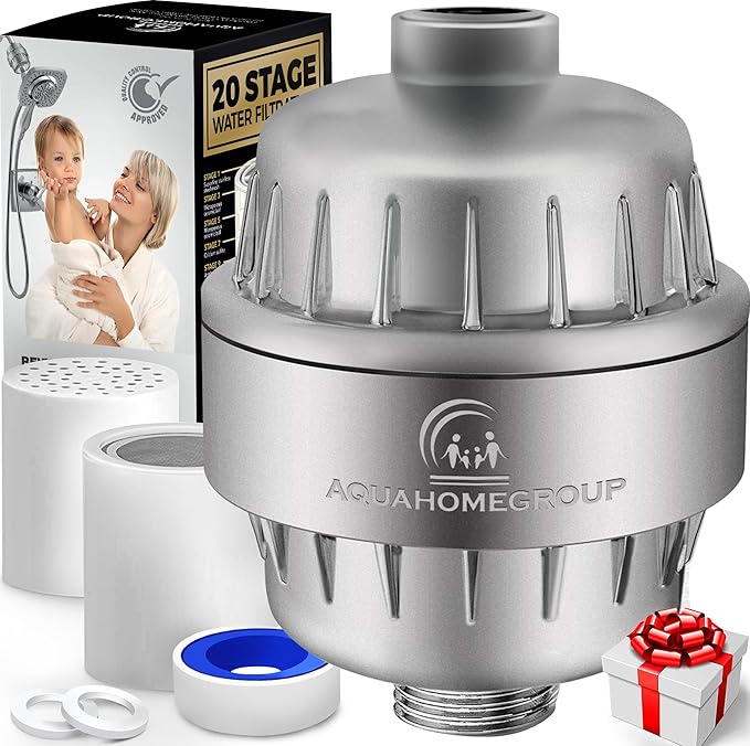 AquaHomeGroup 20 Stage Shower Head Filter with Vitamin C E A - High Output Water Filters to Remove Chlorine and Fluoride - 2 Cartridges Included - Consistent Flow Showerhead Filter