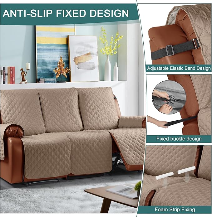 Ruaozz Waterproof Recliner Sofa Covers, 1-Piece Couch Covers for Reclining Couches Reclining Couch Cover Washable Furniture Protector with Elastic Straps Pocket for Kids Pets (Light Brown, 3 Seater)