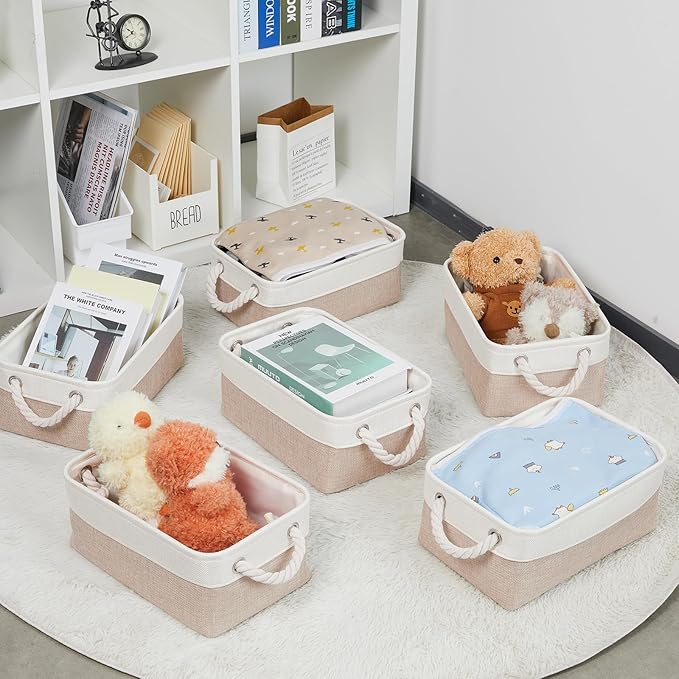 Bidtakay Small Baskets Fabric Storage [6 Pack] Beige Storage Bins 11.8 X 7.8 X 5 Inches Empty Gift Basket Decorative Storage Baskets for Shelves, Baby Clothes Storage, Bathroom(White&Beige)