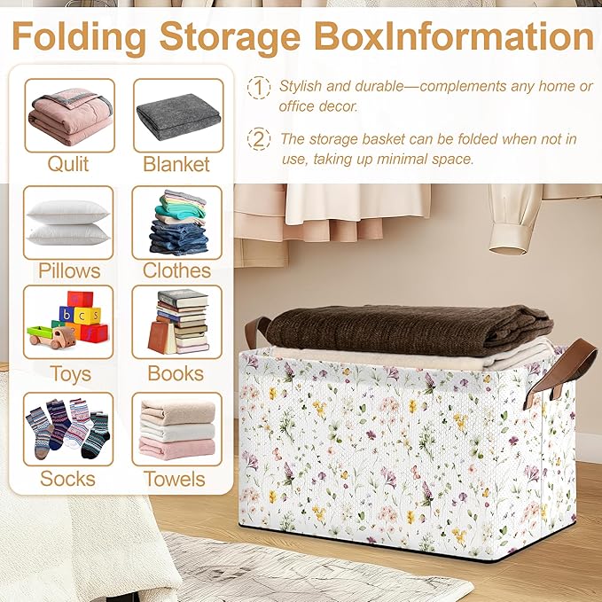 32L Large Storage Bins with Handles, Basket Organizer for Shelves, Closet, Books, Laundry & Home Decor (Meadow Flower)