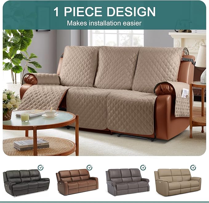 Ruaozz Waterproof Recliner Sofa Covers, 1-Piece Couch Covers for Reclining Couches Reclining Couch Cover Washable Furniture Protector with Elastic Straps Pocket for Kids Pets (Light Brown, 3 Seater)