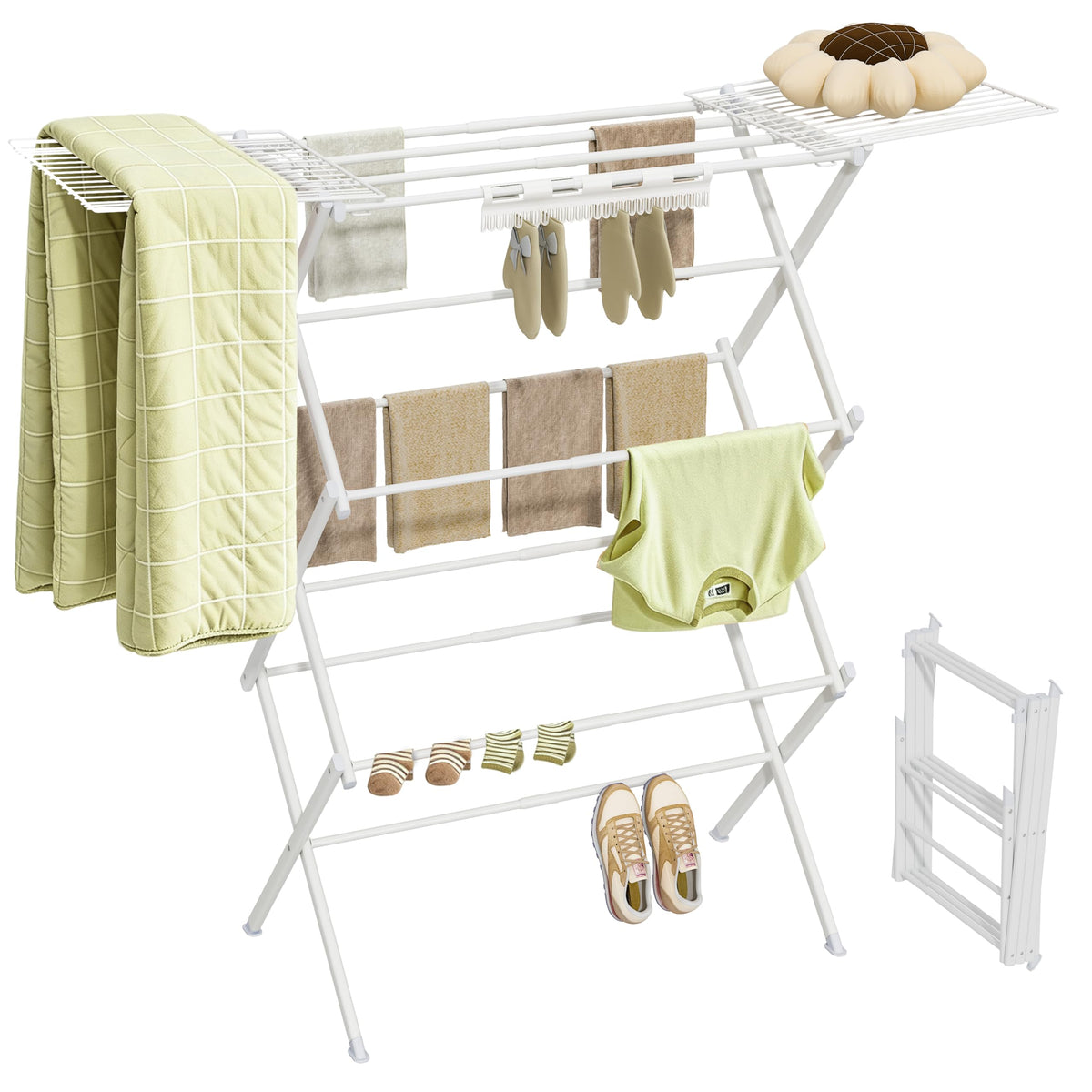 BUKFEN Expandable Clothes Drying Rack with Hook Bar, 3-Tier - Image 1