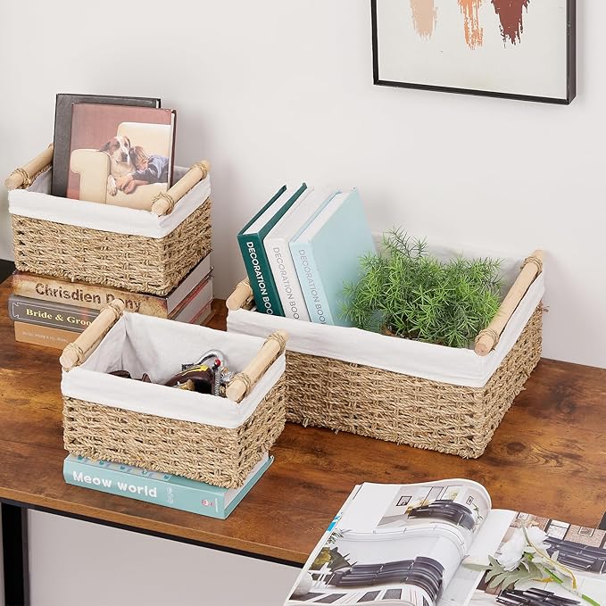 Vagusicc Wicker Storage Basket, 3-Packs Seagrass Storage Baskets for Organizing, Large Cube Storage Organizer Baskets Bins with Handles for Shelves Decor, Small Toilet Paper Storage Basket (Seagrass)
