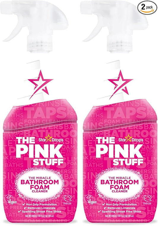 Stardrops - The Pink Stuff Miracle Bathroom Foam Cleaner, 30 fl oz – Now 20% More! Powerful Foaming Action for Showers, Sinks, Tubs & Tiles – Removes Soap Scum, Limescale & Grime with Ease (Pack of 2)