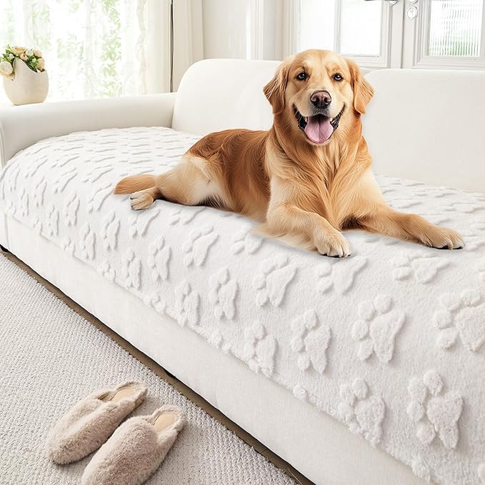 Waterproof Couch Cover for Dogs Washable,Fuzzy Pet Couch Covers for Sofa,Thick Soft Dog Mat Non-Slip Couch Covers for 3 Cushion Couch Sofa Pet Friendly (White, 35x62(1pc))