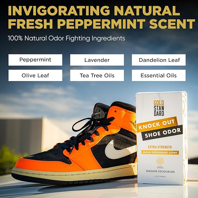 Gold Standard Natural Sneaker Deodorizer Spray, 2 Pack, 6 oz Shoe Odor Eliminator, Extra Strength & Long-Lasting Peppermint Fresh Scent, Shoe Deodorizer Spray