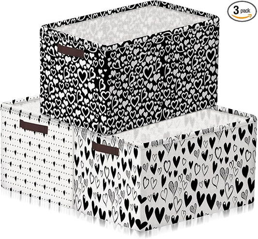 Geelin 3 Pcs Valentines Baskets Storage Valentine's Day Basket for Gifts Collapsible Waterproof Canvas Black and White Heart Storage Bin Organizer with Handles for Book Closet Shelf Nursery Decor