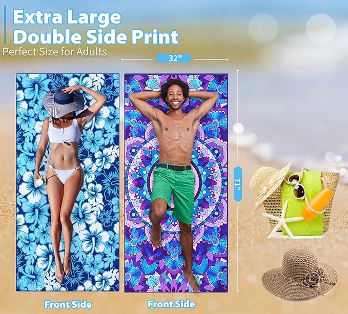 TwoYek 4 Pack Microfiber Thin Beach Towel Lightweight 71x32 Oversized Extra Large Sand Free Towels Quick Dry for Travel Pool Yoga Gym Sports Beach Accessories Vacation Essential Gift
