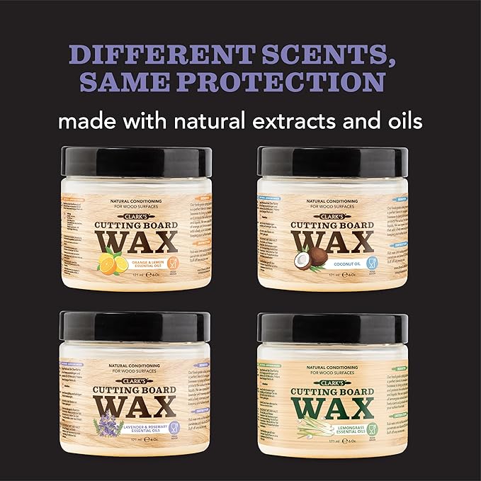 CLARK'S Cutting Board Wax - 2-in-1 Wood Butter & Food Grade Mineral Oil with Beeswax – Butcher Block Conditioner for Cutting Boards – Lavender & Rosemary Essential Oil Scent – Made in USA, 6oz