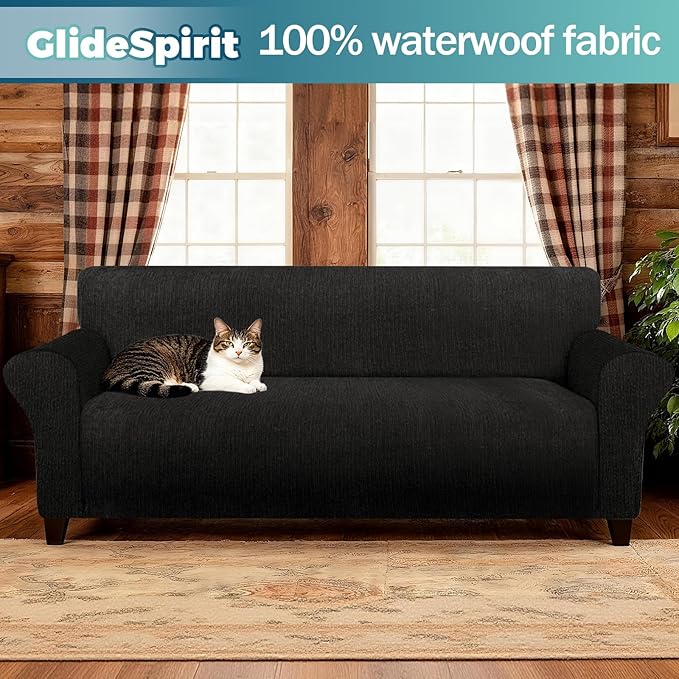 Waterproof Couch Cover, Stretch Non-Slip Sofa Slipcover with Elastic Bottom That Stays in Place - Leakproof Furniture Protector for Kids and Pets - Washable (Sofa, Black)