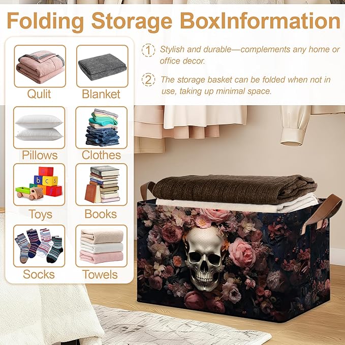 Pink Flower Skull Storage Bins with Handles, Collapsible Storage for Clothes, Gift Basket, Blankets & Closet Organization