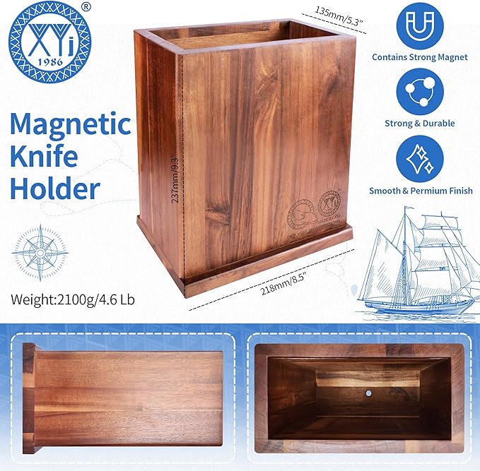 XYJ Magnetic Knife Block Holder,Double Side Magnetic Knife Stand,Acacia Wood,Extra Large Capacity Magnet Knife Storage for Knives and Utensils,Kitchen Organizer Rack Tool Without Knives