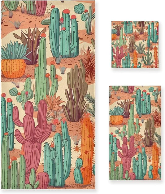 3 Piece Western Desert Cactus Bath Towels Set,Microfiber Absorbent Tropical Orange Green Succulent Towels for Bathroom,1 Bath Towel,1 Hand Towel,1 Washcloth,Decorative Guest Bathroom Towels