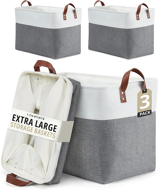 DECOMOMO Extra Large Storage Baskets, Fabric Storage Bins with Handles for Organizing Shelves, Toys, Nursery, Laundry (Slate Grey & White, 3pcs)