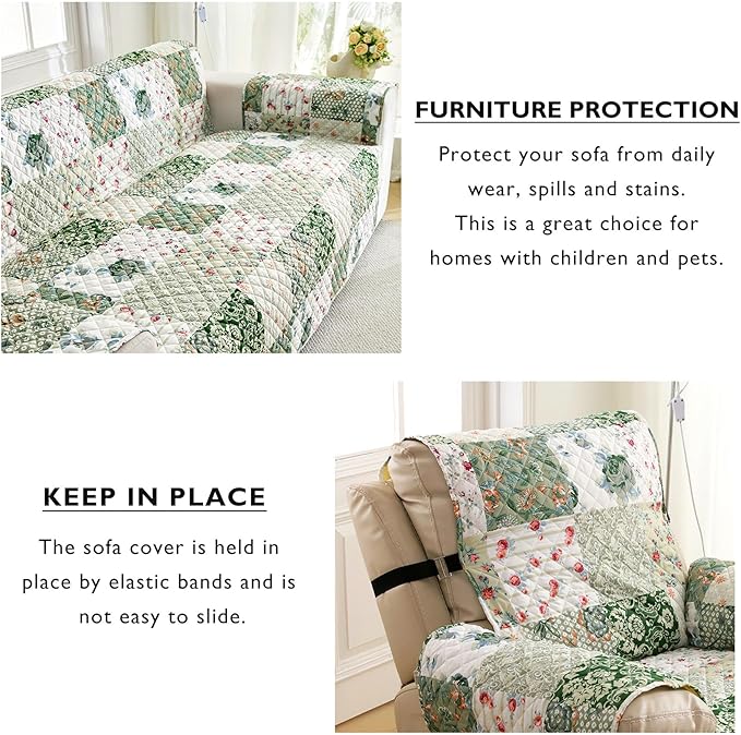Cmfshape Skidproof Sofa Cover-Green Sofa Slipcover with Elastic Straps-Easy Fit Slip Cover-Patchwork Washable Furniture Protector for Pets and Kids(Loveseat,Green)