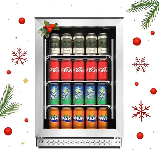 20 Inch Under Counter Beverage Fridge with Glass Door, Beverage Refrigerator Cooler 120 Can,Built in or Freestanding,Fast Cooling,Quiet ≤39 dBs,Blue LED Light Cooler for Bar, Home, Office