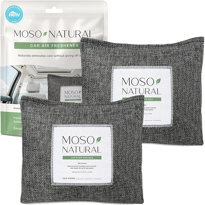 Moso Natural Charcoal Odor Absorber for Cars (2 Pack) 300g Bamboo Charcoal Air Purifying Bag, Unscented Odor Eliminator, Lasts Up to 2 Years, HGTV Editors’ Pick