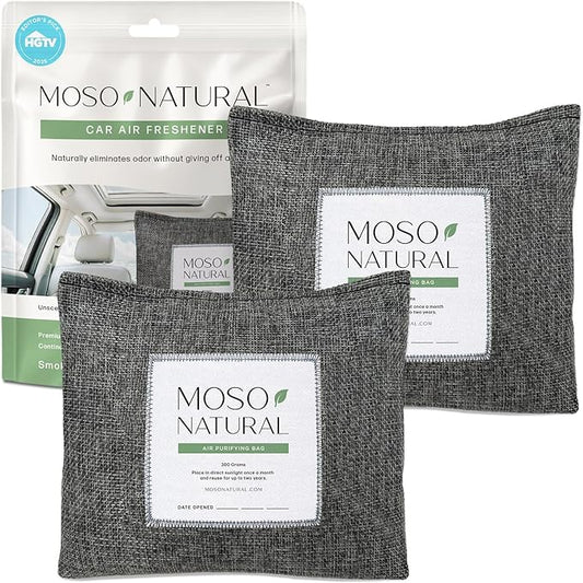Moso Natural Charcoal Odor Absorber for Cars (2 Pack) 300g Bamboo Charcoal Air Purifying Bag, Unscented Odor Eliminator, Lasts Up to 2 Years, HGTV Editors’ Pick