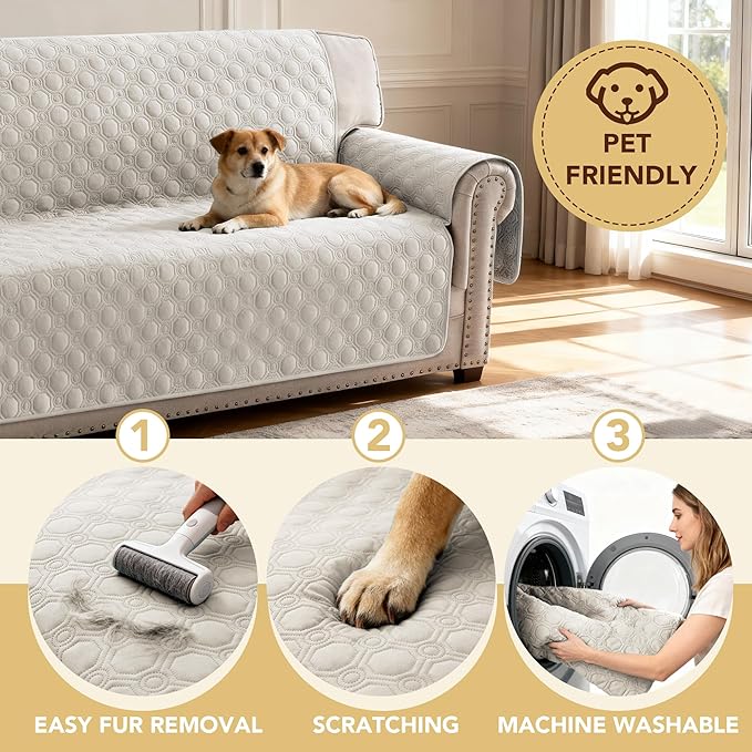 H.VERSAILTEX 100% Waterproof Couch Covers for Sofa Triple Non-Slip Sofa Slipcovers with Storage Pocket Thick Soft Sofa Covers for Pets Washable(XL Sofa, French Oak)