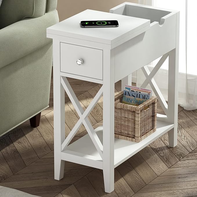 ChooChoo End Table Set of 2, Flip Top Narrow End Table with Drawer, Accent Small Side Table Nightstand for Living Room, Bedroom, and Small Spaces, White