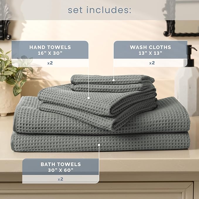 S&T INC. Aura Towel Set, 6 Piece Set, Premium Waffle Weave, Bath Towels, Wash Cloths and Hand Towels for Bathroom, Kitchen, and Home, Absorbent and Fast Drying Microfiber, 420gsm, 6 Pack, Grey