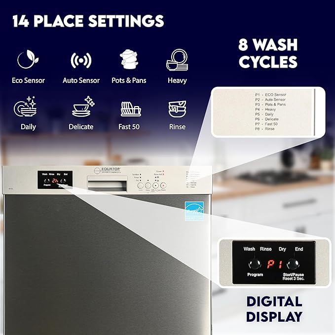 Equator24" Built in Dishwasher 14 Place Setting Wine Rack 8 Wash FAST 50 Delay1/2Load 110V E-Star ADA in Stainless