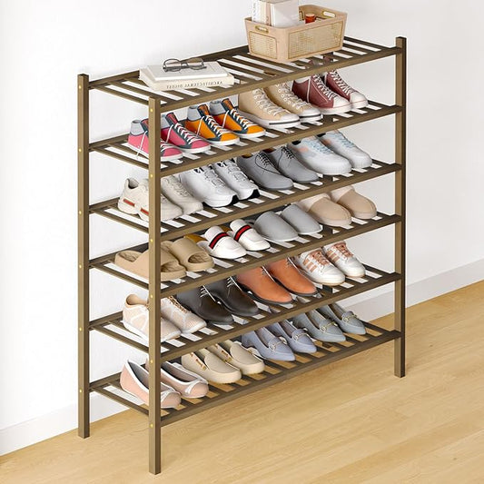 Smiry Bamboo Shoe Rack for Closet, 6 Tier Long Wooden Stackable Shoe Organizer, Free Standing Shoes Storage Shelf for Entryway, Front Door Entrance, Walnut
