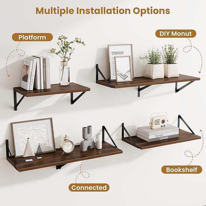 Deep Floating Shelves,24" Wx10 D Floating Shelf for Wall Set of 2,Hanging Storage Shelf with Metal Brackets,Wide Display Wall Shelves for Living Room,Bedroom,Bathroom,Kitchen,Walnut