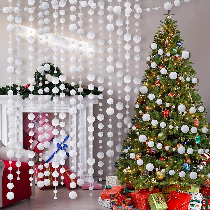 Tegeme 36 Pcs Winter Snowball Garland 6.5 Feet White Pom Pom String Garland Winter Party Wonderland Decoration Snow Ball Hanging Banner White Snowball Decor for Ceiling Tree Holiday Party Wall Home