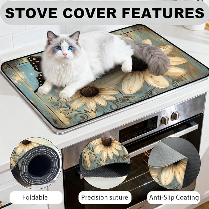 Glass Stove Top Covers for Electric Stove, Heat Resistant Counter Protector Mat, Non Slip Waterproof Surface Cover for Kitchen Counter and Cooktop (Daisy Butterfly, 28"L x 20"W)