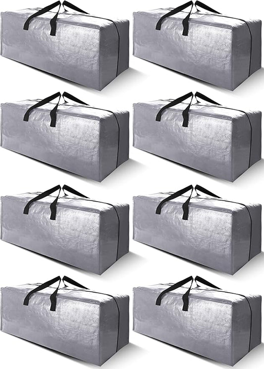 Cosy Family 8 Pack Heavy Duty Extra Large Moving Bags with Backpack Straps - Strong Handles & Zippers, Storage Totes For Space Saving, Fold Flat, Alternative to Moving Box (40 gal, Silver)