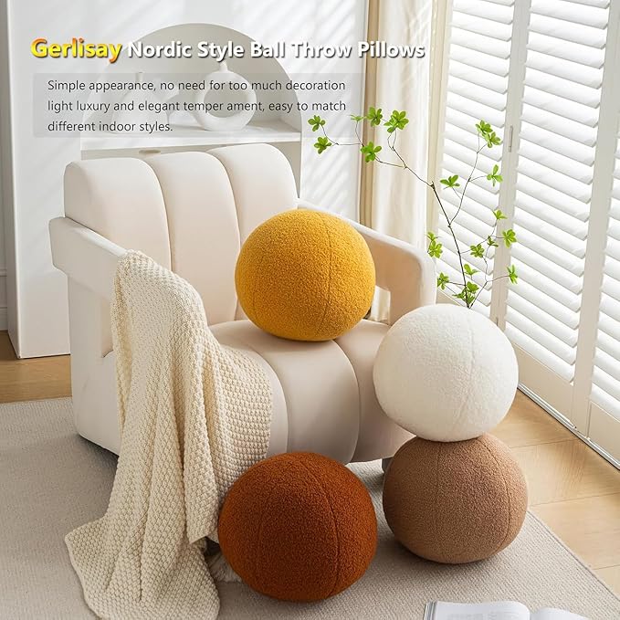 11.8 inch Ball Pillow Round Decorative Pillow Black Sphere Shaped Throw Pillows Soft Nordic Style Boucle Pillows Cushion for Bed Couch Living Sofa Room Decor