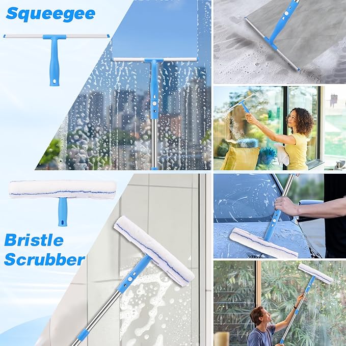 5 Feet Professional Window Cleaning Kit Extendable Window Mop with 61" Long Handle 14" Extra-Large Squeegee for Windshield Mirror Shower, with Blade Floor Scraper Tool