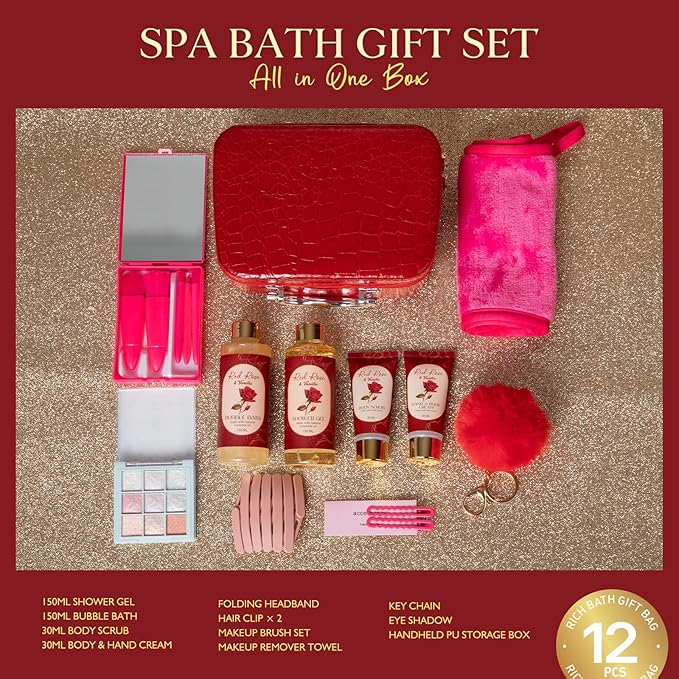 Valentines Gifts Birthday Gifts for Women Teens Girls, Spa Gift Set for Women, 12 Pcs Rose Vanilla Bath Set, Self Care gifts Bag Makeup Cosmetic Bag, Spa Kit for Teenage Gift, Daughter Gift Set