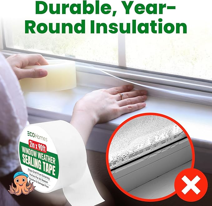 ECOHomes Window Weather Sealing Tape | Winter Weather Stripping Tape to Block Cold Drafts Through Window Gaps and AC Units, Insulation Seal and Draft Blocker for Home (4 Inch by 90 FT, Clear)