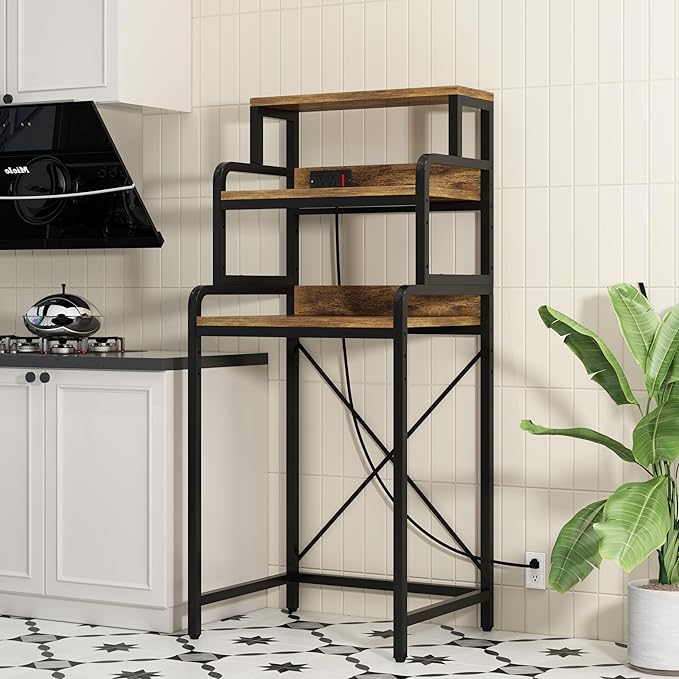 4- Tier Mini Fridge Stand Shelf with Power Outlet, Double-Purpose Rack, Mini Fridge & Microwave Oven Stand Table, Bar Cabinet, Free Standing Shelf for Office, Kitchen, Home.