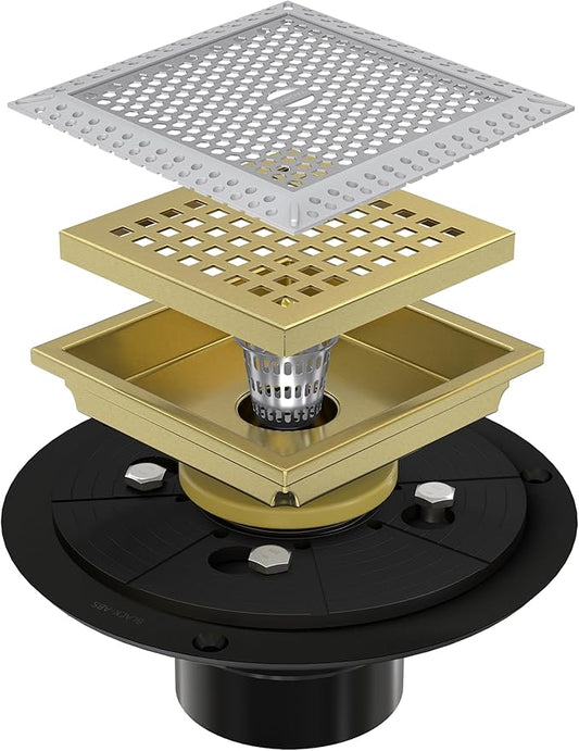4 Inch Gold Square Shower Drain Kit with Flange,Modern Floor Drain with Removable Quadrato Pattern Grate,Stainless Steel SUS 304