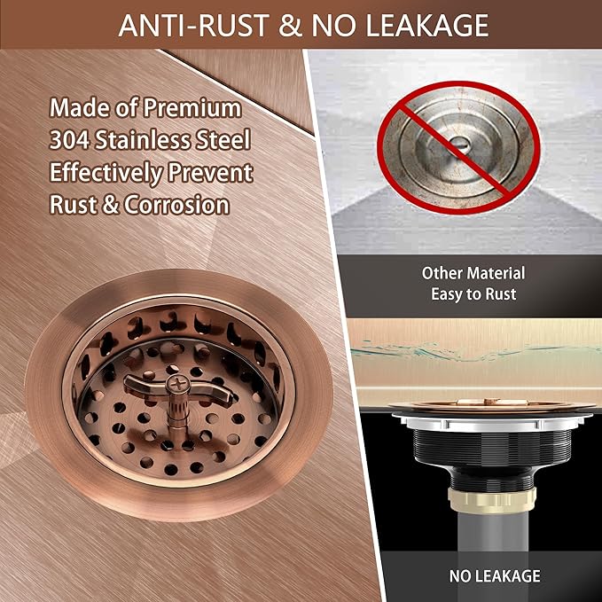 Kitchen Sink Drain Assembly 3-1/2 Inch Stainless Steel Kitchen Drain with T-Shaped Sink Strainer Basket and Drain Stopper for Standard Kitchen Sink Antique Copper