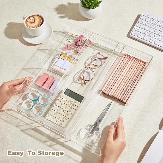 1 Pcs Acrylic Desk Drawer Organizer 2 Inch Height Expandable Drawer Organizer Trays with 7 Adjustable Compartments Desk Accessories for Makeup Silverware Office Bathroom(Clear)