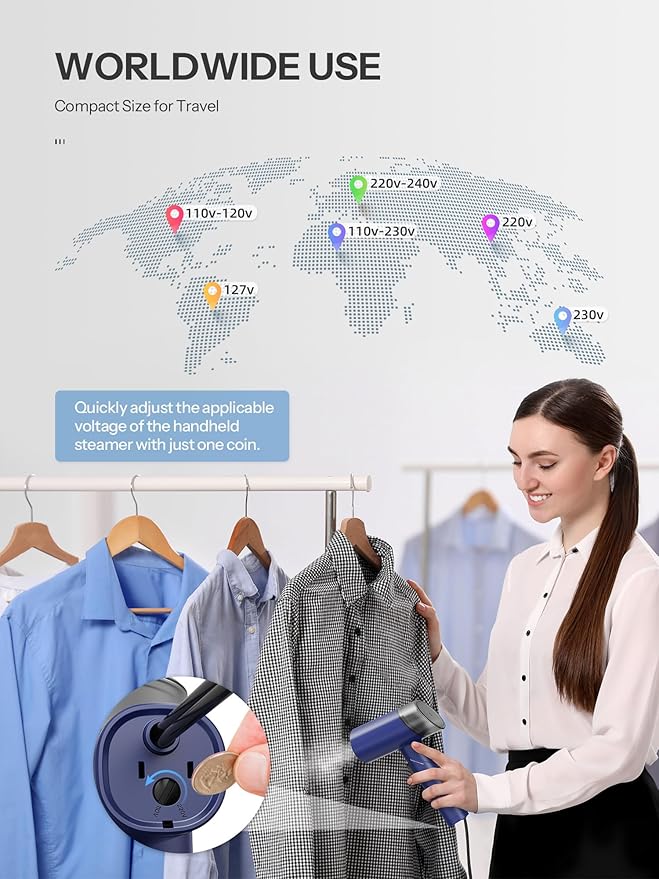 Travel Steamer for Clothes, Reemix Garment Steamer with Dual Voltage 100-240V for Wordwide Use, Foldable Handheld Garment Fabric Wrinkle Remover and Steam Iron 2-in-1, 20 Second Fast Heat-up (Blue)